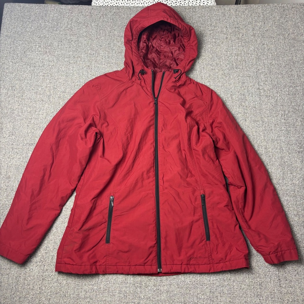 Eddie Bauer Jacket Mens L Red Hooded Fleece Lined Insulated Full Zip Outdoor